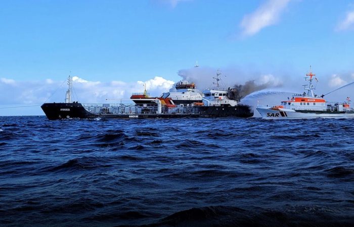 A tanker carrying chemicals caught fire off the coast of Germany.