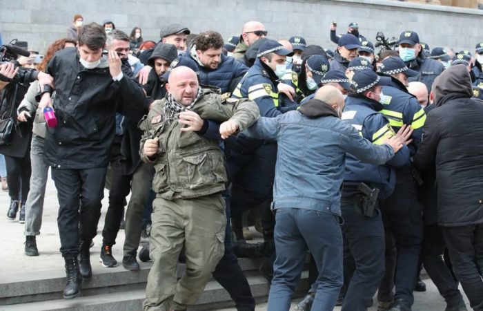 Police detained several protesters near the Georgian Parliament building.